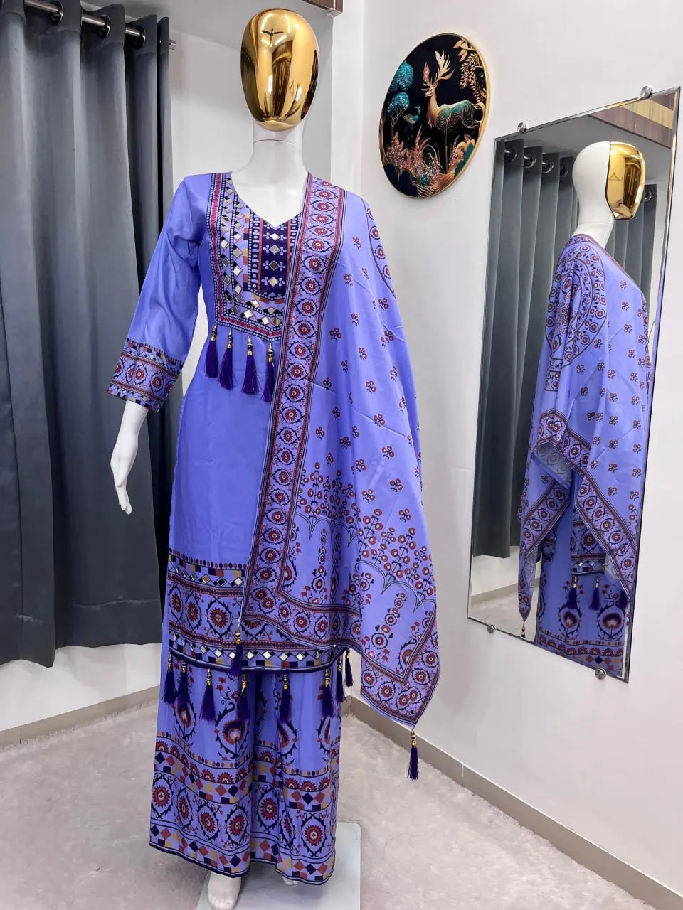 Women's Maslin Digital Print Mirror Work Kurta Palazzo Set FZ-PR-47