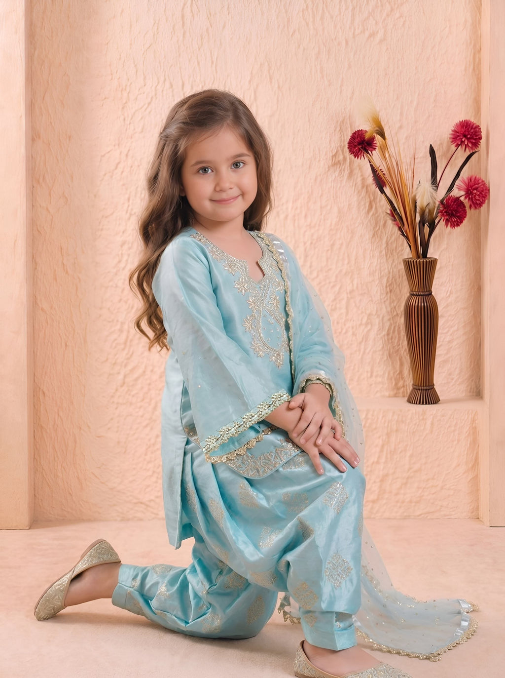 Girls’ Embroidered Roman Glass Silk Palazzo Suit Set FZ-PR-07