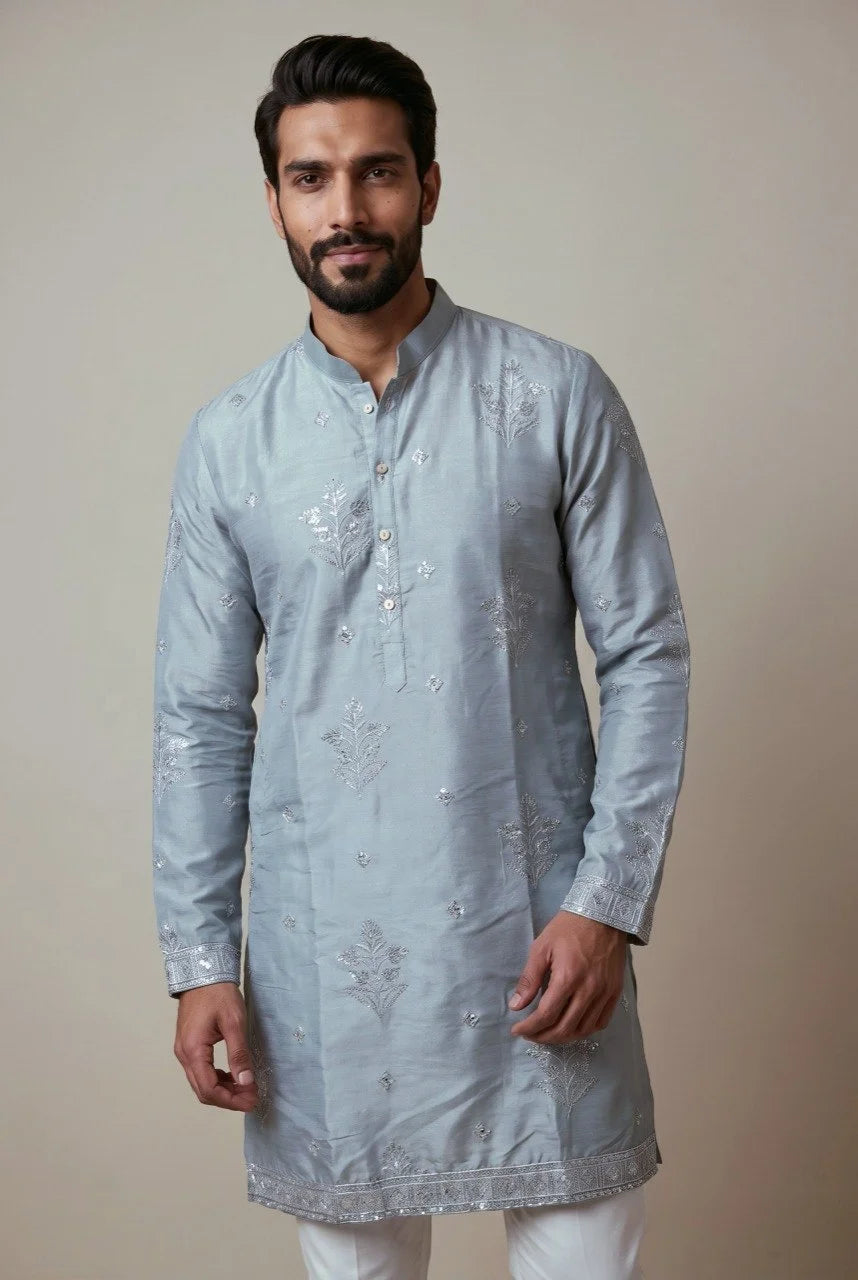 Men's Embroidered Earth Silk Kurta Churidar Set FZ-PR-22