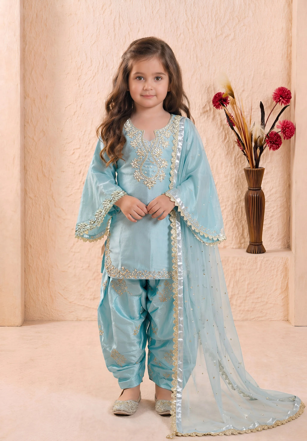 Girls’ Embroidered Roman Glass Silk Palazzo Suit Set FZ-PR-07