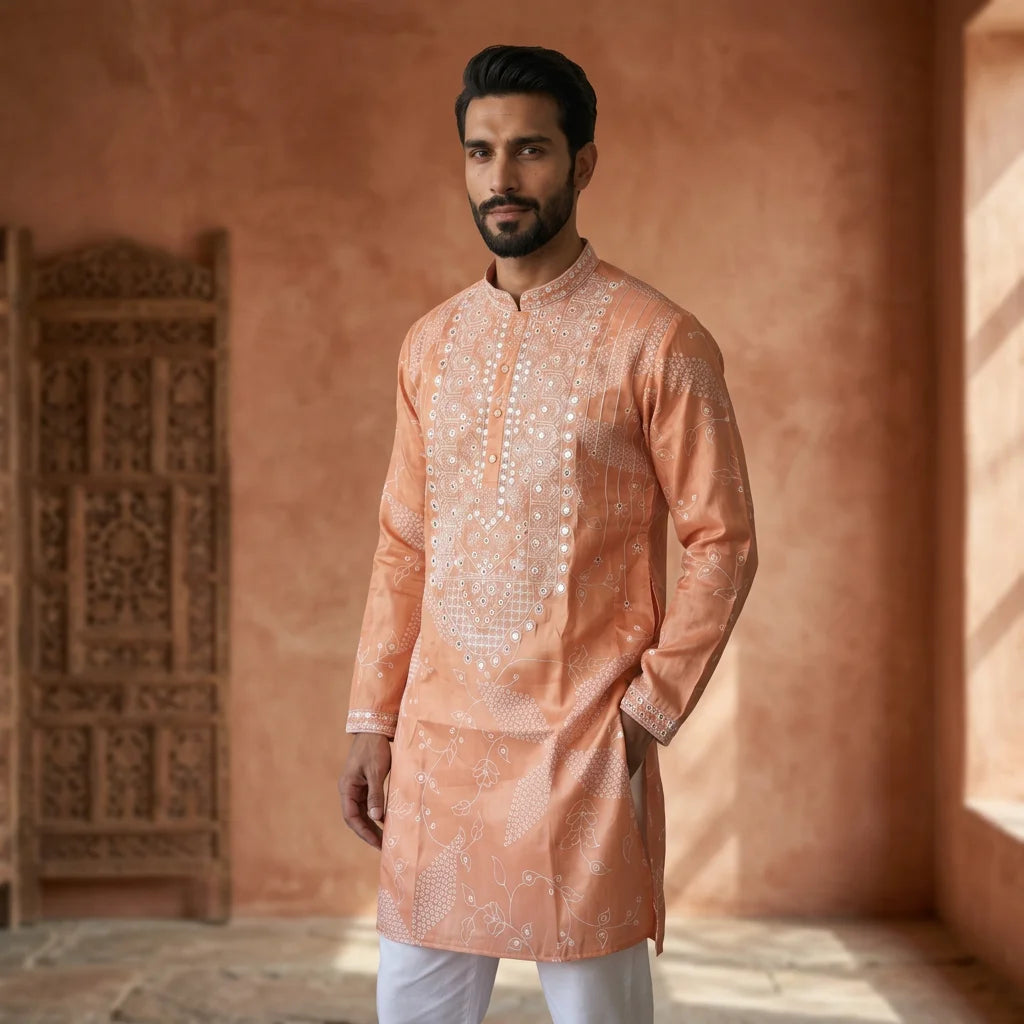 Men's Embroidered Simmer Silk Kurta Pyjama Set FZ-PR-16