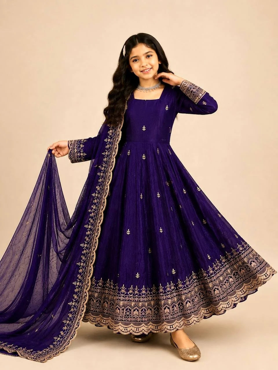 Girls' Purple Embroidered Fendy Silk Anarkali Gown Set FZ-PR-25