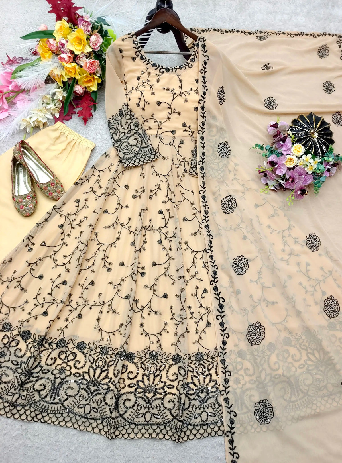 Women's Beige Faux Georgette Embroidered Gown Pant Set FZ-PR-53