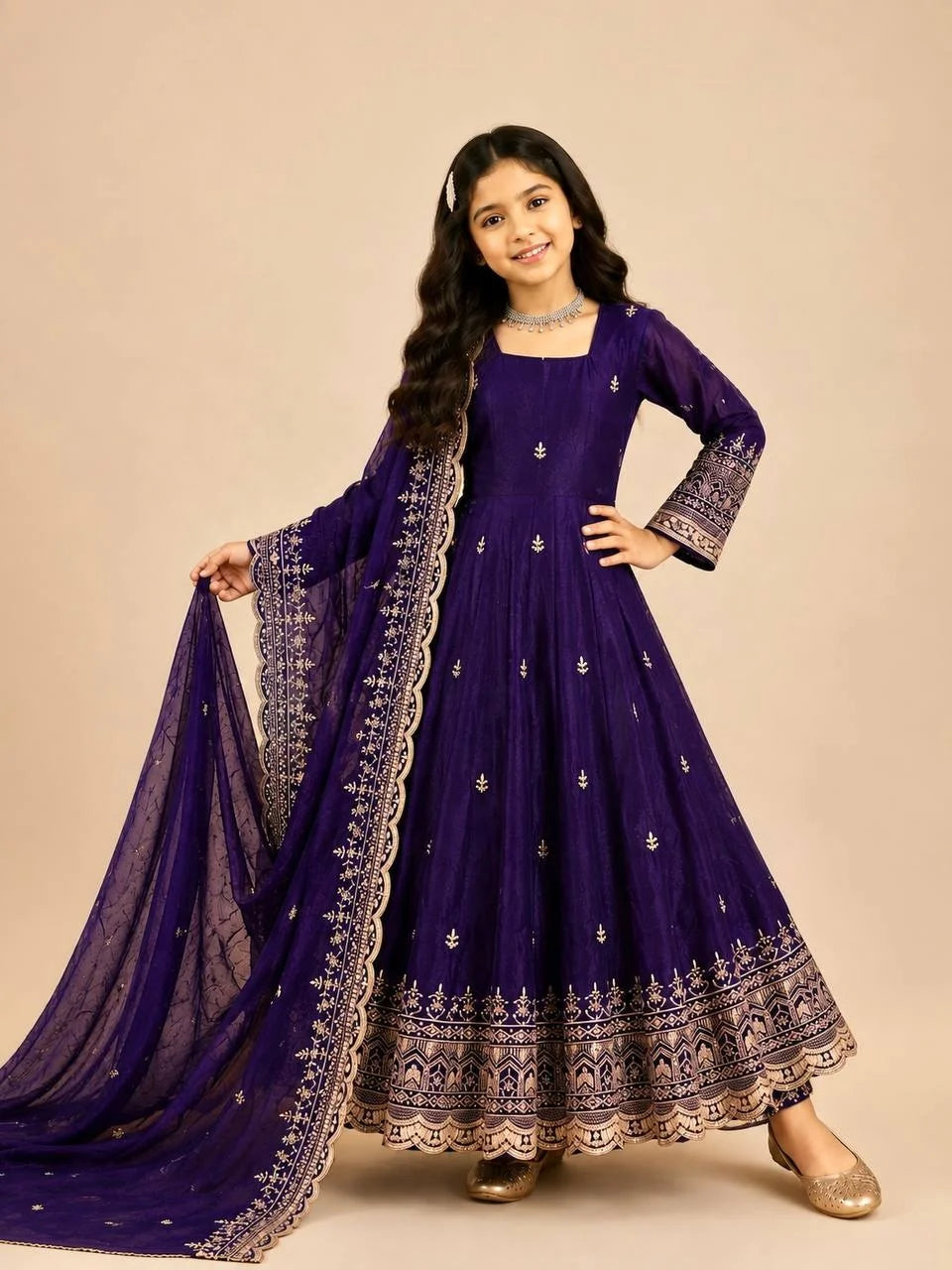 Girls' Purple Embroidered Fendy Silk Anarkali Gown Set FZ-PR-25