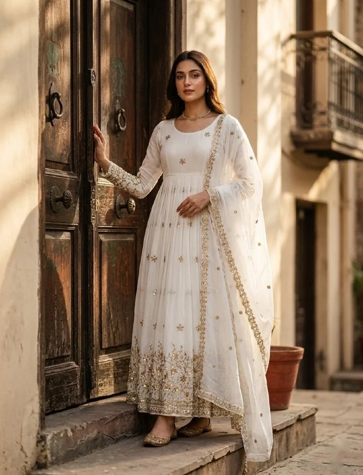 Women's Embroidered Vichitra Silk Anarkali Gown Set FZ-PR-34