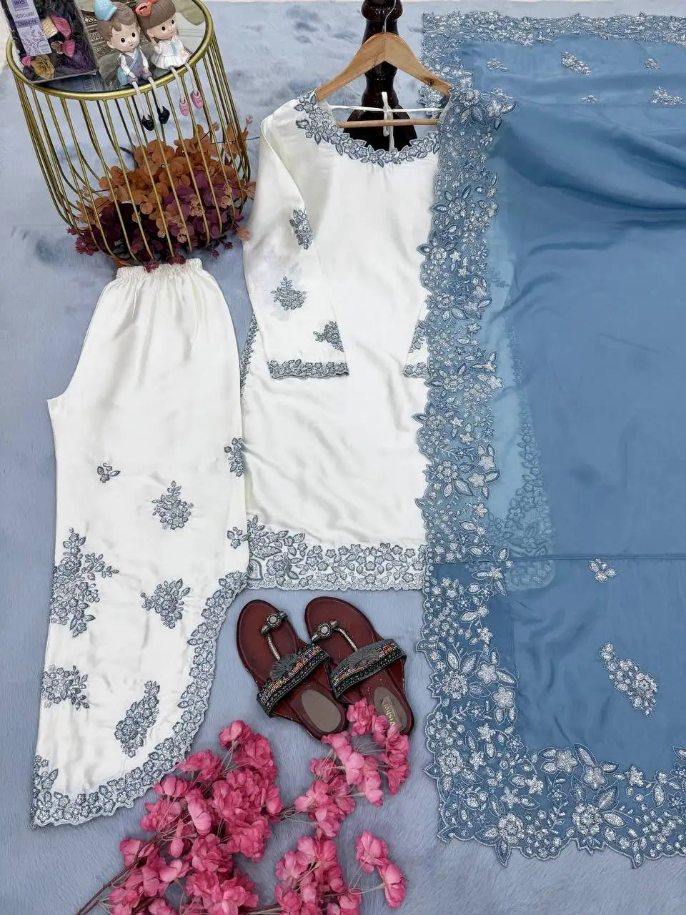 Women's White Roman Glass Floral Embroidered Top Palazzo Set FZ-PR-58