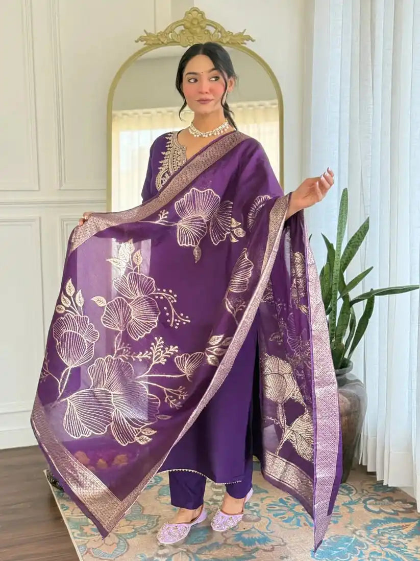 Women's Embroidered Slub Rayon Kurta Set with Dupatta FZ-PR-15