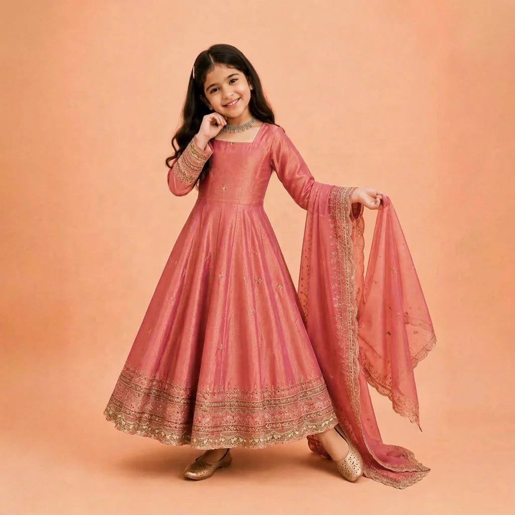 Girls' Embroidered Fendy Silk Anarkali Gown Set FZ-PR-24