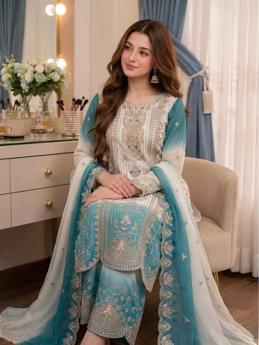 Embroidered Dual-Tone Georgette Palazzo Suit Set FZ-PR-04