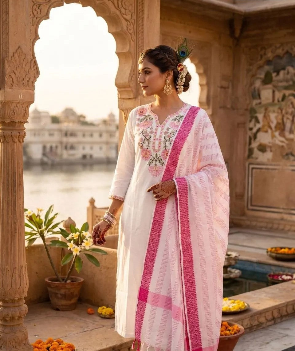 Women's White Khadi Cotton Floral Embroidered Suit Set FZ-PR-59