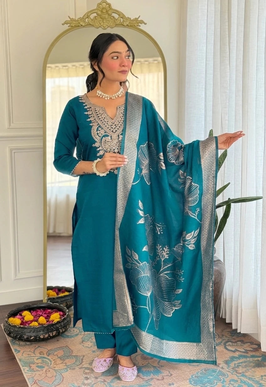 Women's Embroidered Slub Rayon Kurta Set with Dupatta FZ-PR-15