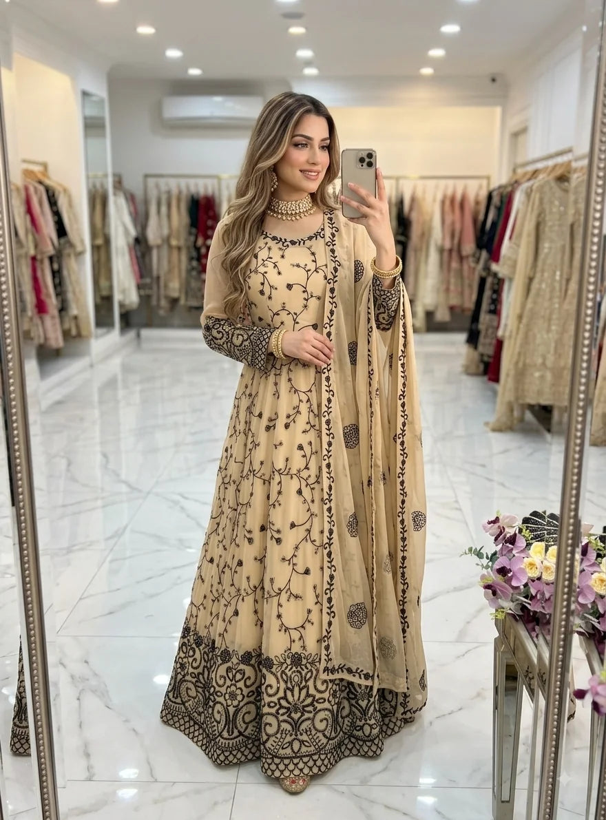 Women's Beige Faux Georgette Embroidered Gown Pant Set FZ-PR-53