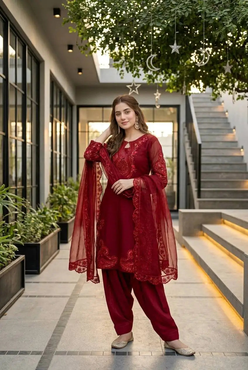 Women's Heavy Embroidered 3-Piece Palazzo Suit Set FZ-PR-10
