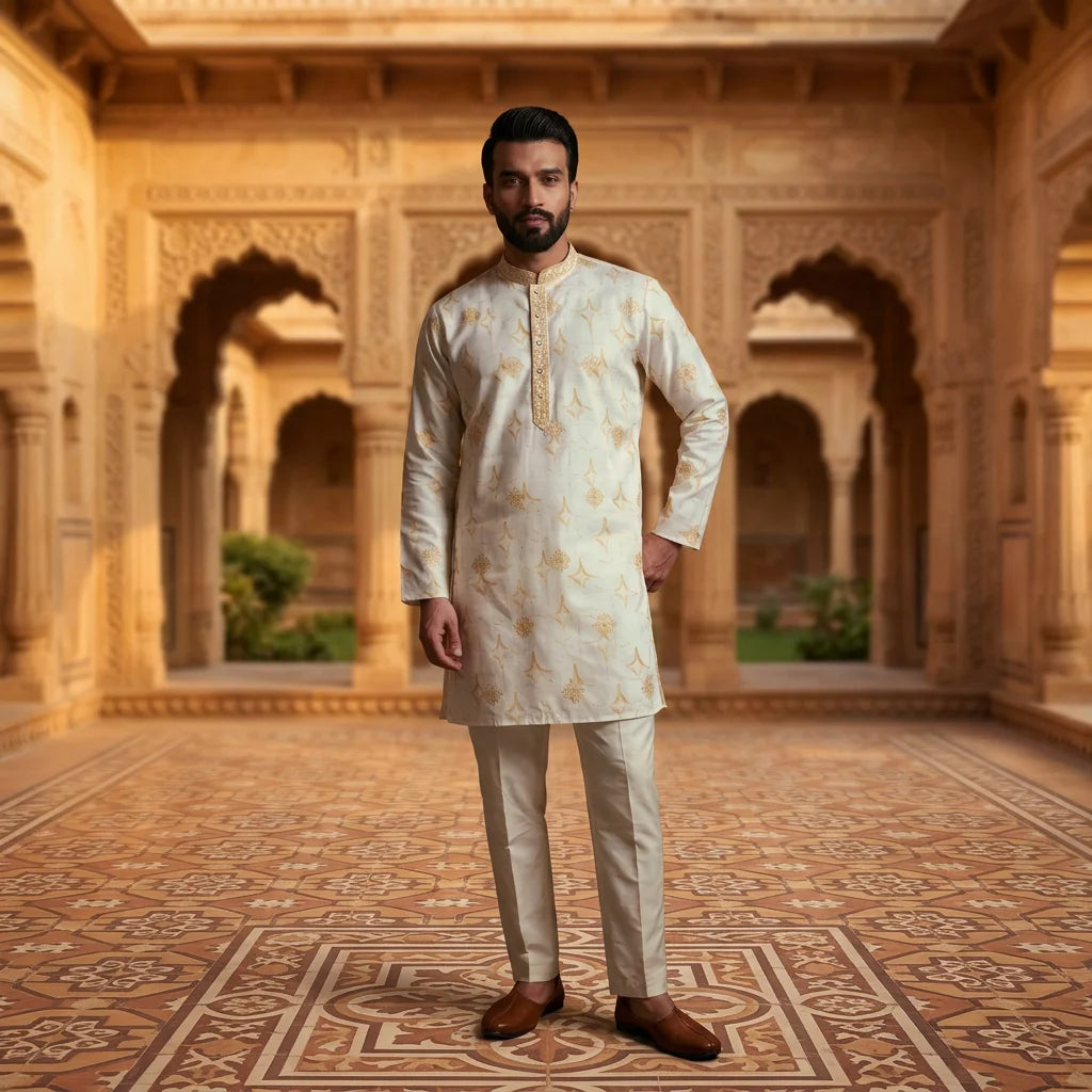 Men's Embroidered Star Silk Kurta Pyjama Set FZ-PR-18