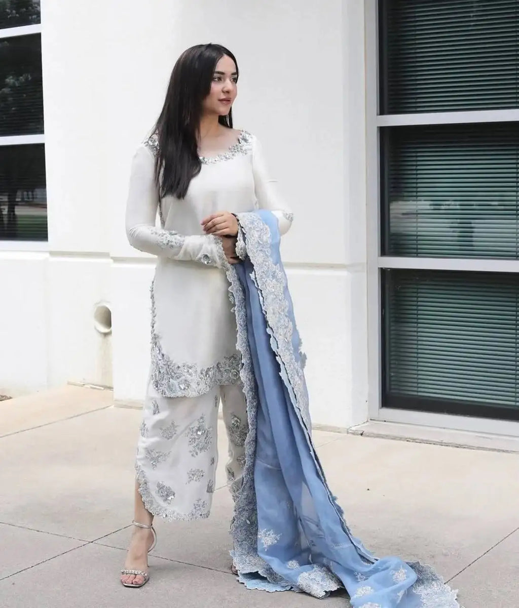 Women's White Roman Glass Floral Embroidered Top Palazzo Set FZ-PR-58