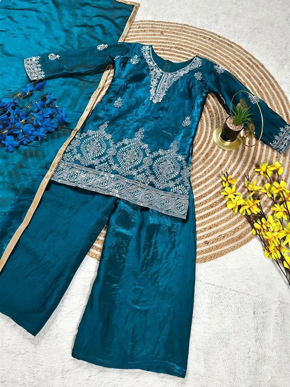 Girls' Embroidered Fendy Silk Kurta Palazzo Dupatta Set FZ-PR-23