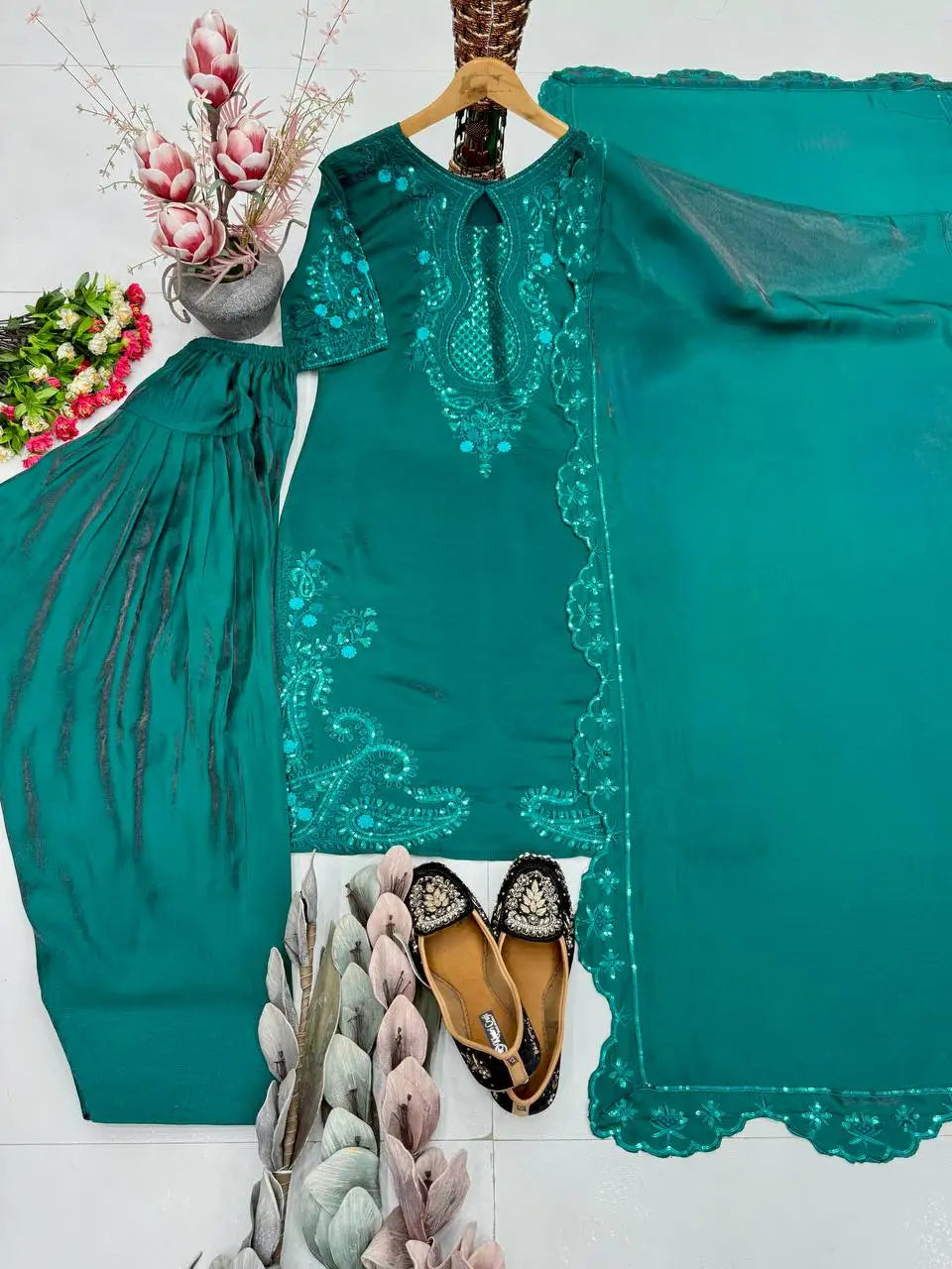 Women's Heavy Embroidered 3-Piece Palazzo Suit Set FZ-PR-10