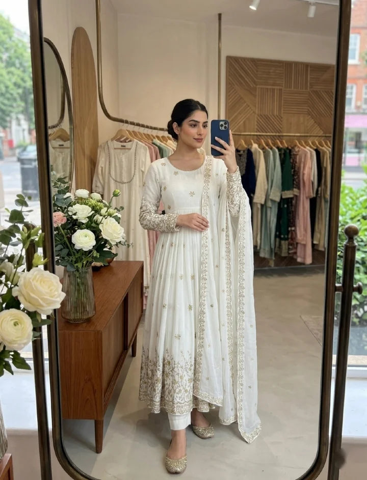 Women's Embroidered Vichitra Silk Anarkali Gown Set FZ-PR-34