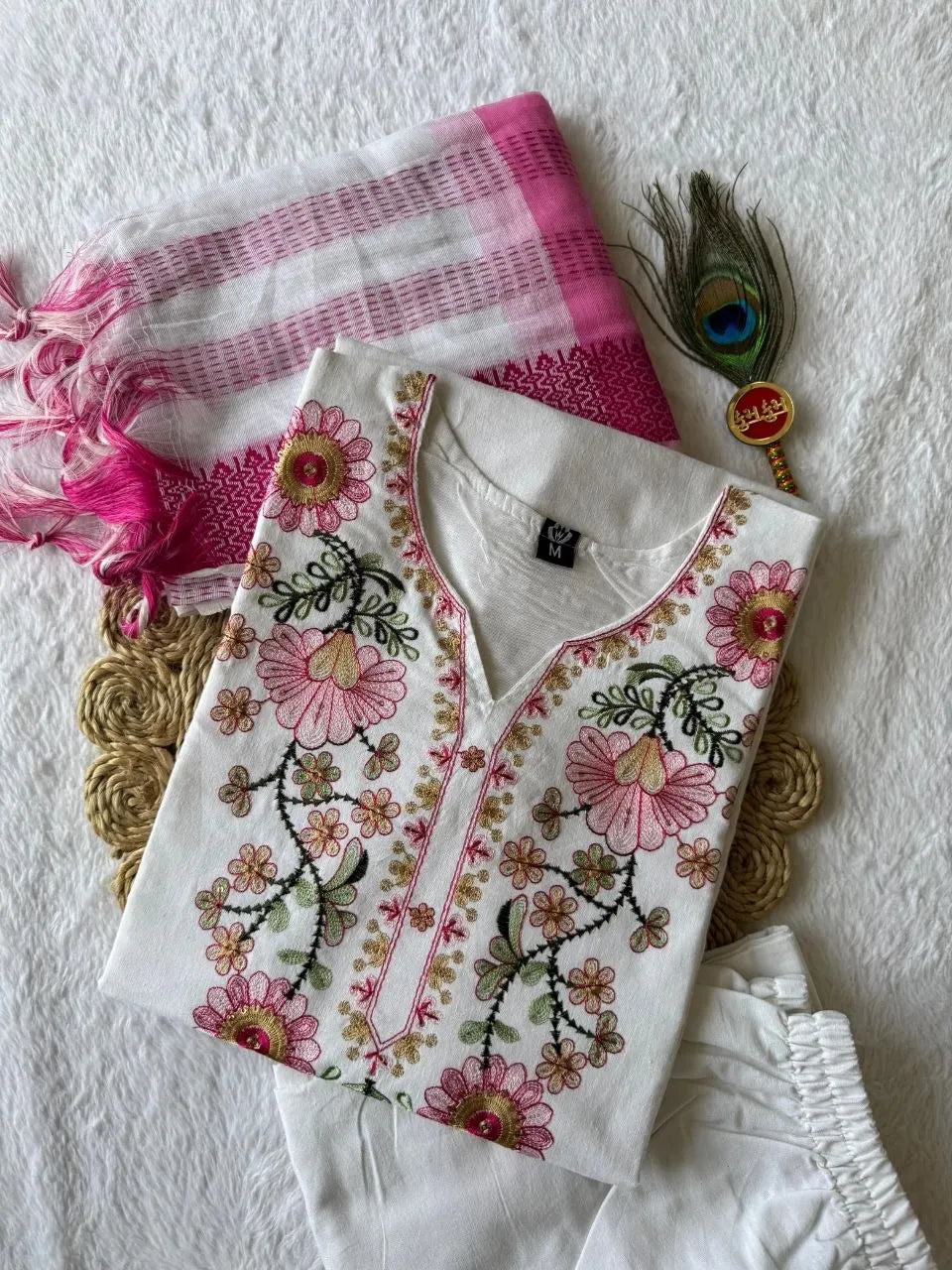 Women's White Khadi Cotton Floral Embroidered Suit Set FZ-PR-59