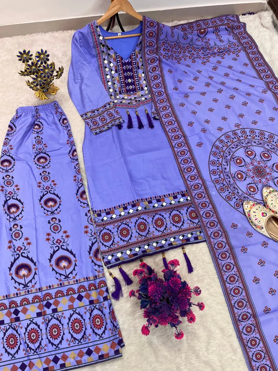 Women's Maslin Digital Print Mirror Work Kurta Palazzo Set FZ-PR-47