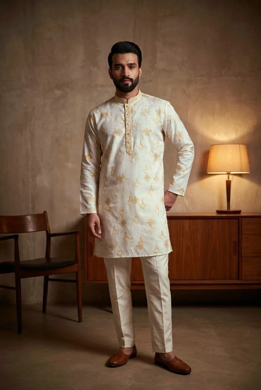 Men's Embroidered Star Silk Kurta Pyjama Set FZ-PR-18