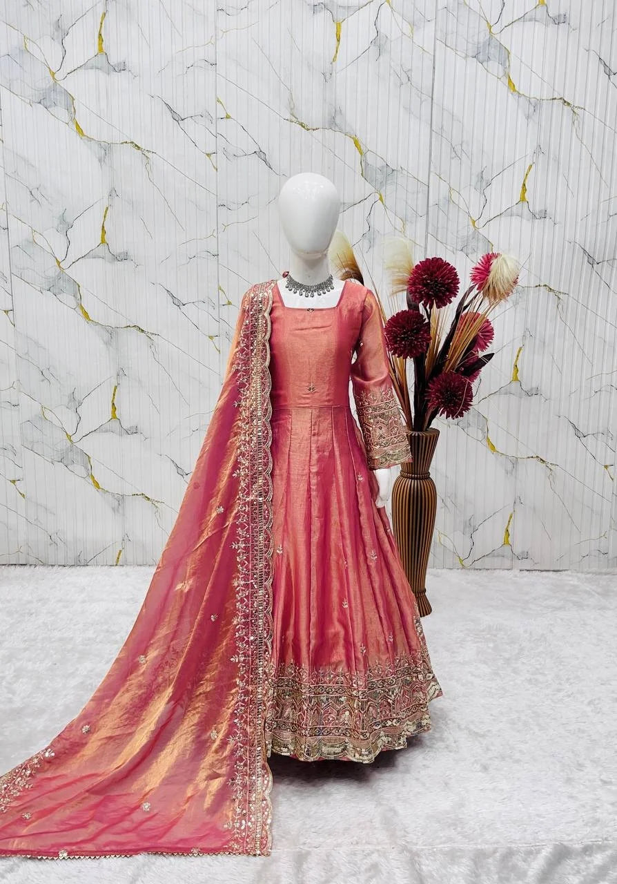 Girls' Embroidered Fendy Silk Anarkali Gown Set FZ-PR-24