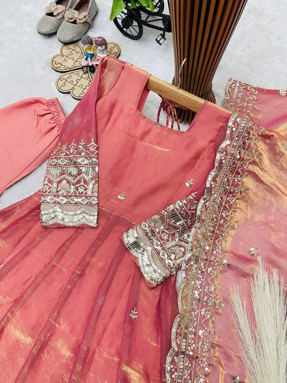 Girls' Embroidered Fendy Silk Anarkali Gown Set FZ-PR-24