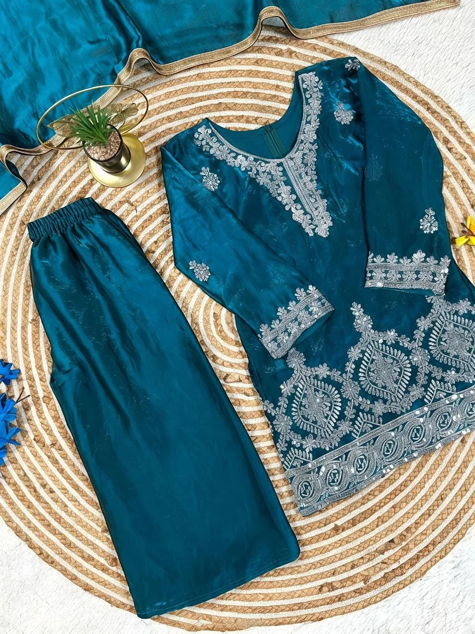 Girls' Embroidered Fendy Silk Kurta Palazzo Dupatta Set FZ-PR-23