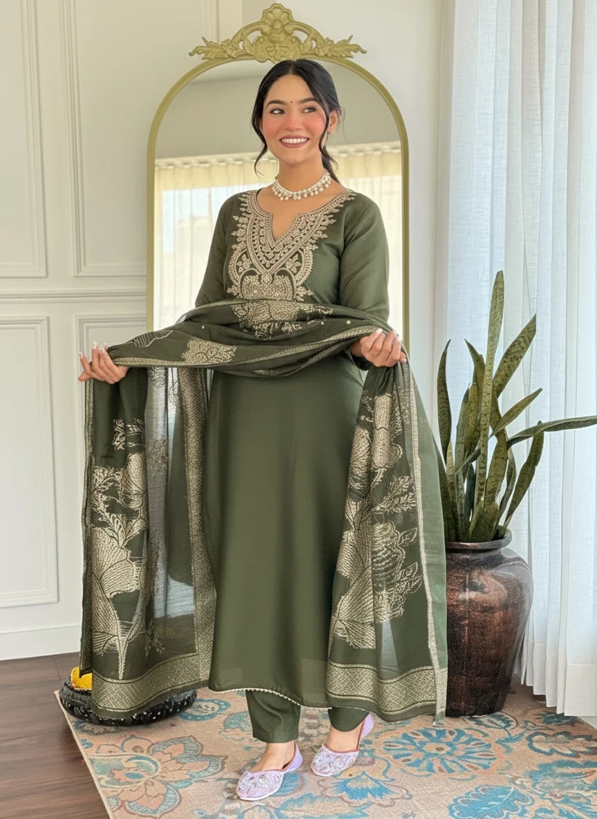 Women's Embroidered Slub Rayon Kurta Set with Dupatta FZ-PR-15