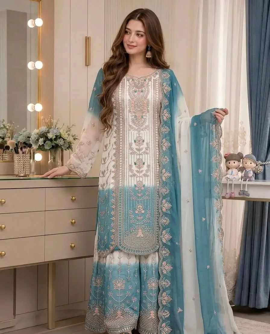 Embroidered Dual-Tone Georgette Palazzo Suit Set FZ-PR-04