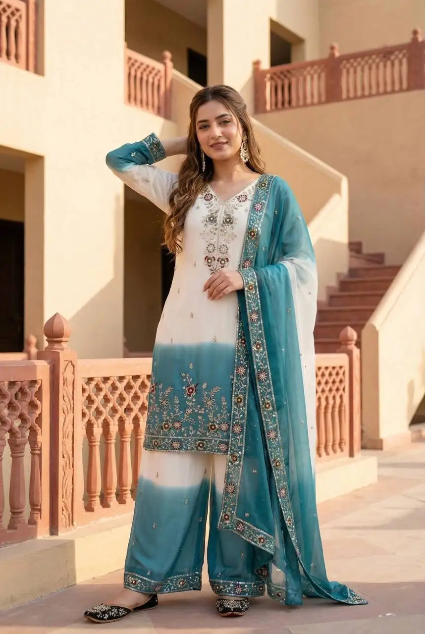 Women's Dual Tone Georgette Embroidered Kurti Palazzo Set FZ-PR-50