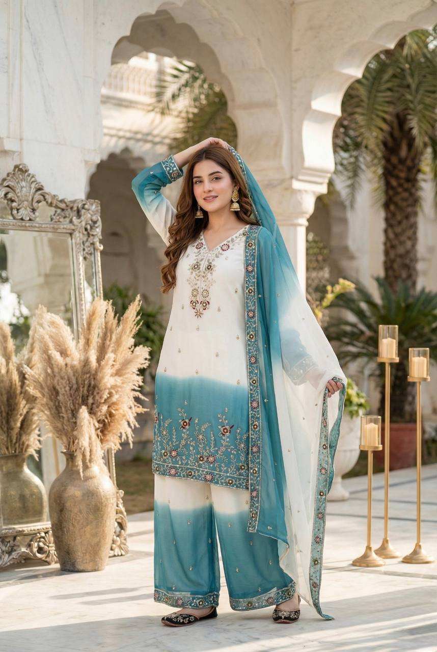 Women's Dual Tone Georgette Embroidered Kurti Palazzo Set FZ-PR-50