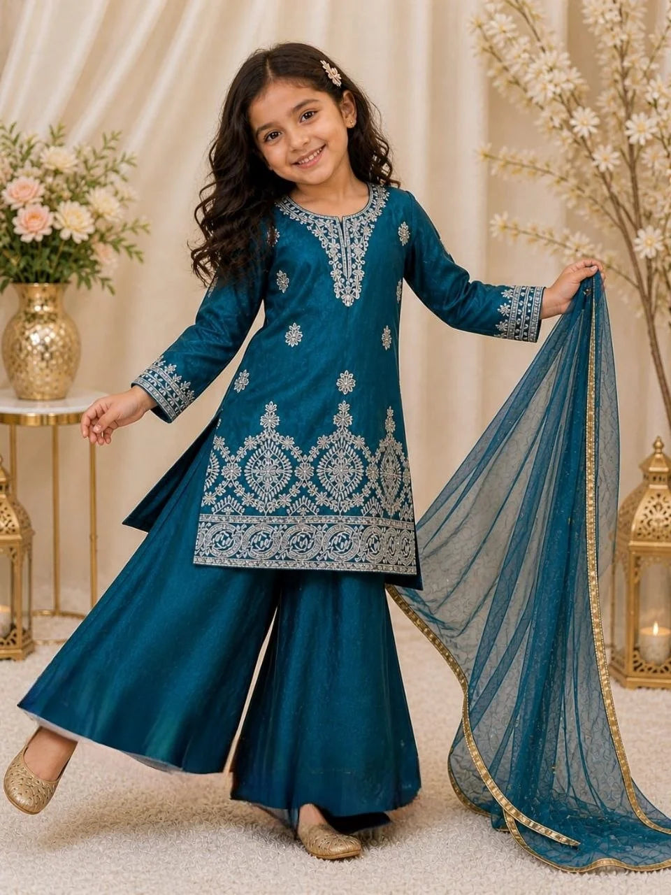 Girls' Embroidered Fendy Silk Kurta Palazzo Dupatta Set FZ-PR-23