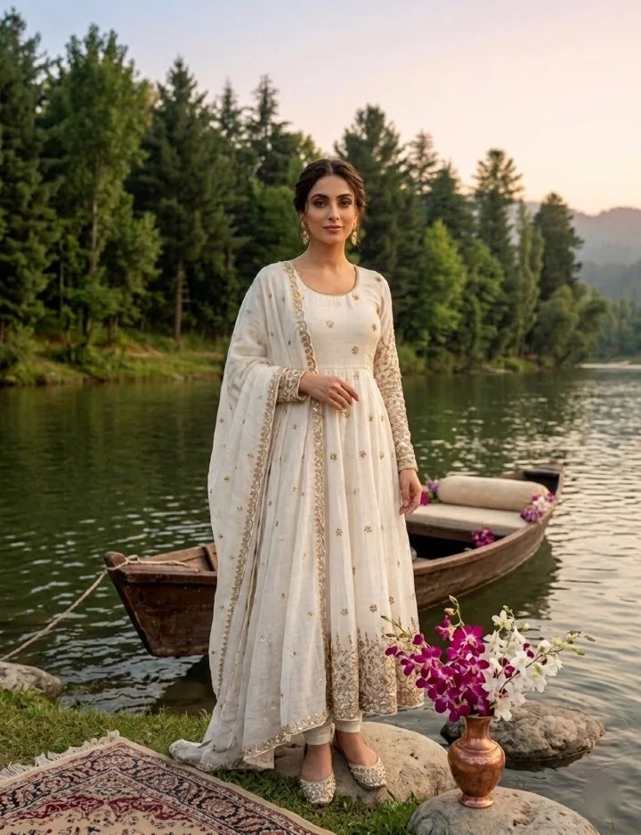 Women's Embroidered Vichitra Silk Anarkali Gown Set FZ-PR-34