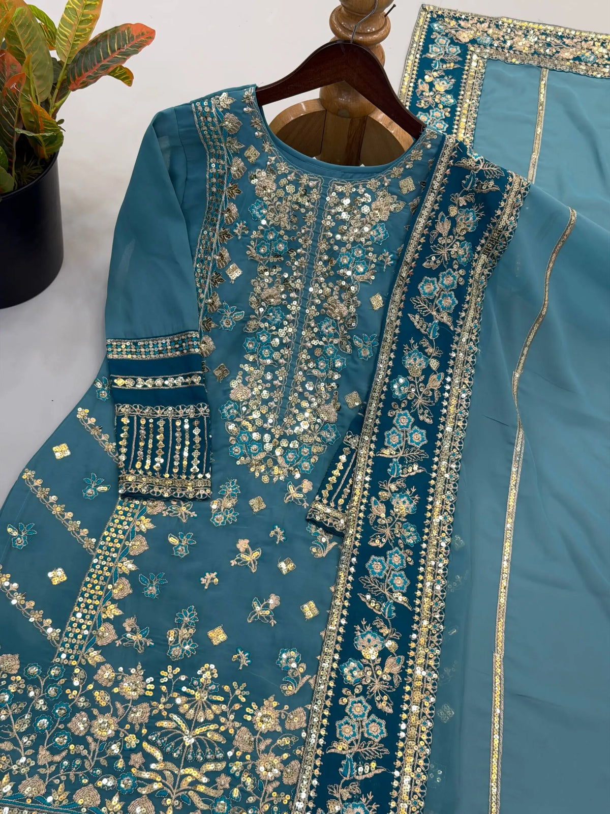 Heavy Embroidered Fox Georgette Three-Piece Party Wear Suit FZ-PR-03
