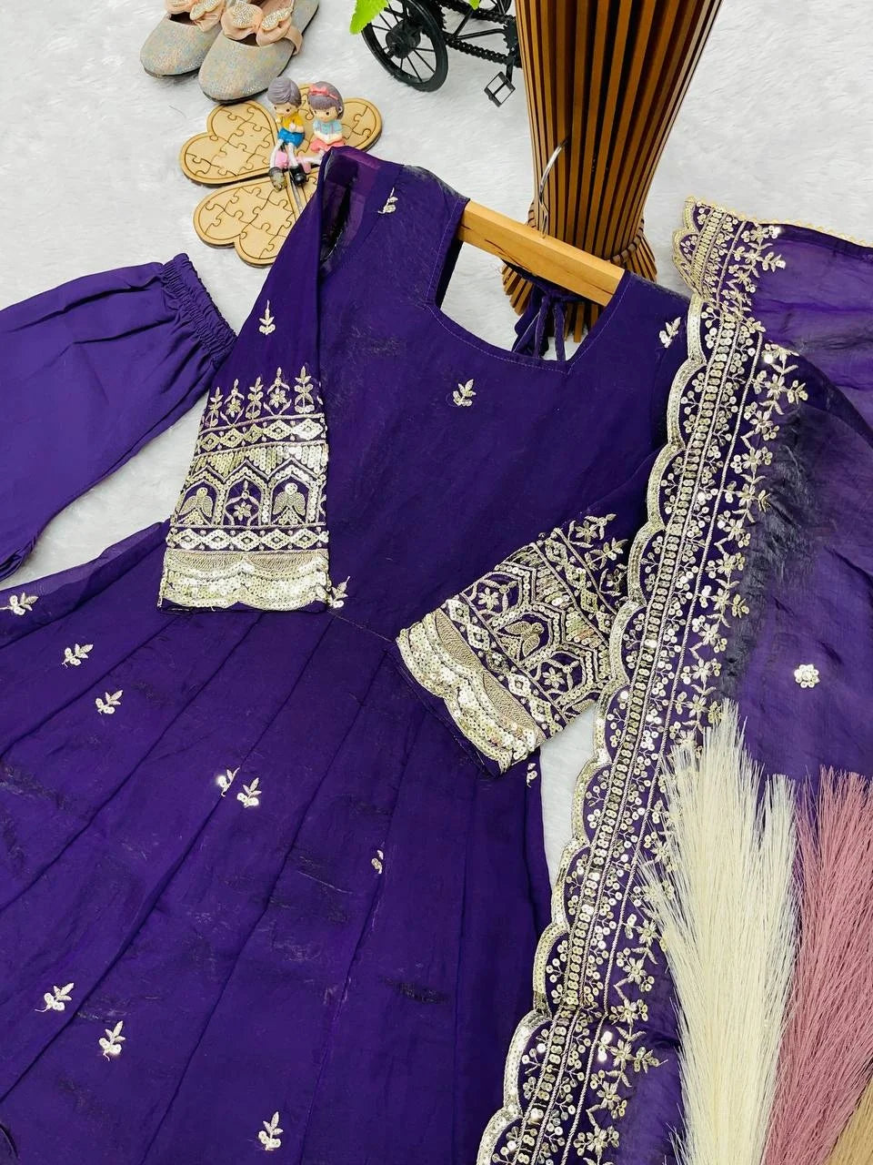Girls' Purple Embroidered Fendy Silk Anarkali Gown Set FZ-PR-25
