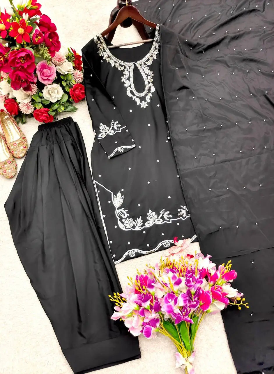 Women's Natural Satin Embroidered Top Farshi Palazzo Set FZ-PR-57