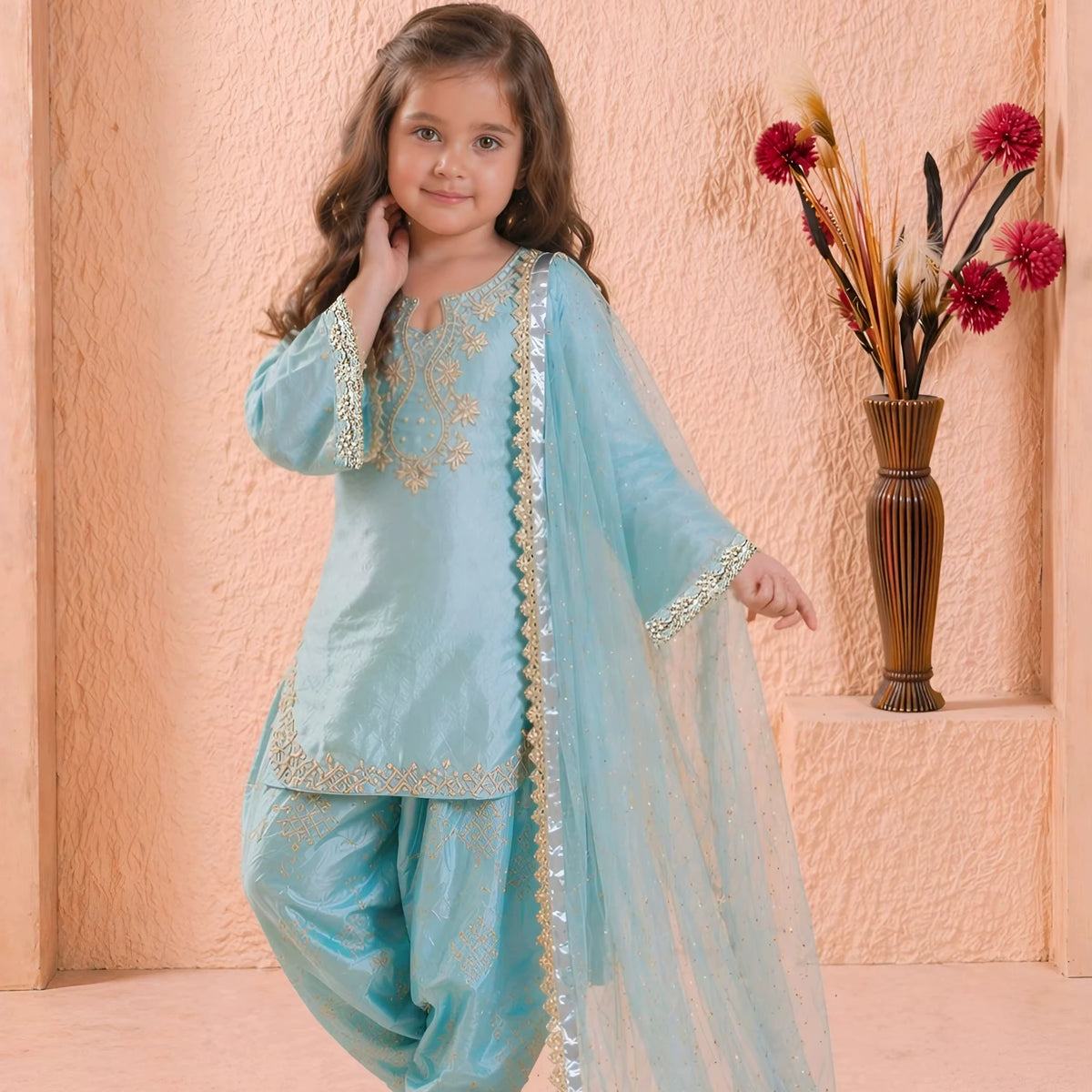 Girls’ Embroidered Roman Glass Silk Palazzo Suit Set FZ-PR-07
