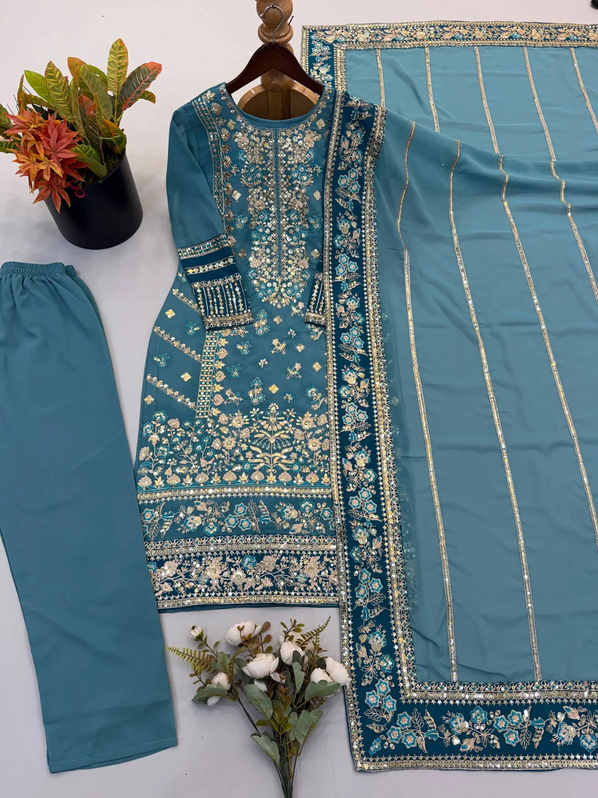 Heavy Embroidered Fox Georgette Three-Piece Party Wear Suit FZ-PR-03