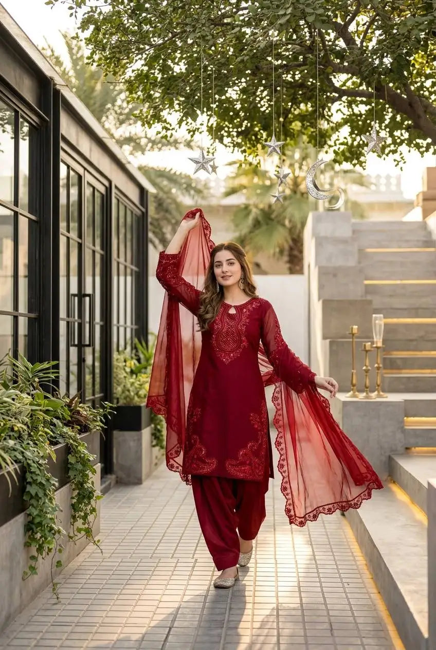 Women's Heavy Embroidered 3-Piece Palazzo Suit Set FZ-PR-10