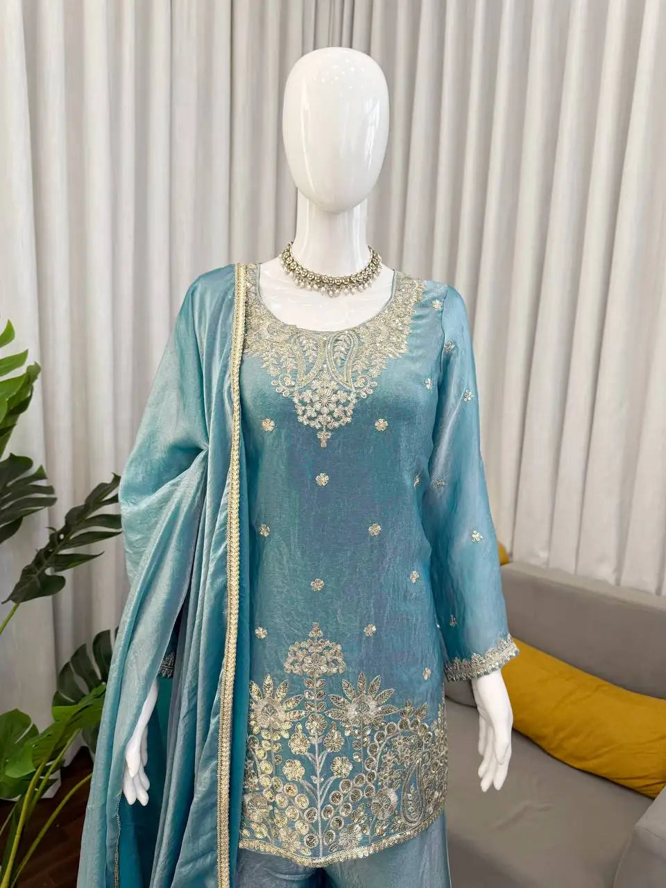 Women's Fendy Silk Thread & Sequence Work Kurti Palazzo Set FZ-PR-49