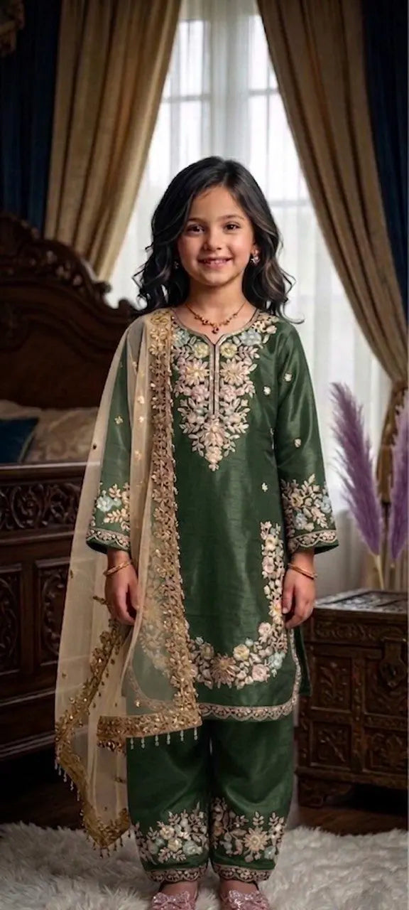 Girls’ Embroidered GMY Silk Salwar Kameez Set with Dupatta FZ-PR-09