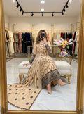 Women's Beige Faux Georgette Embroidered Gown Pant Set FZ-PR-53