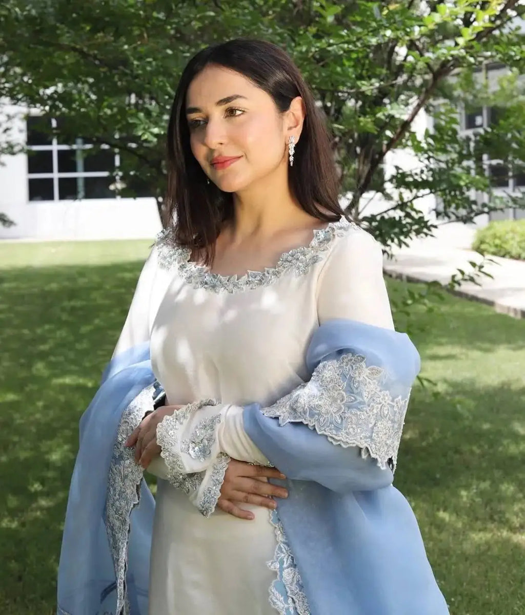 Women's White Roman Glass Floral Embroidered Top Palazzo Set FZ-PR-58
