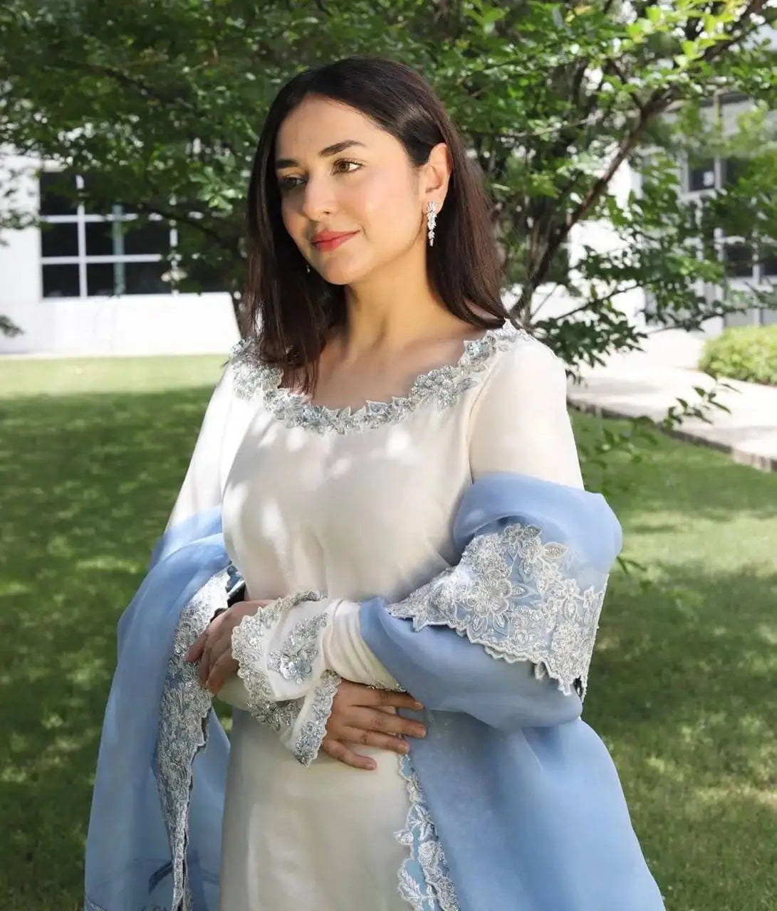 Women's White Roman Glass Floral Embroidered Top Palazzo Set FZ-PR-58
