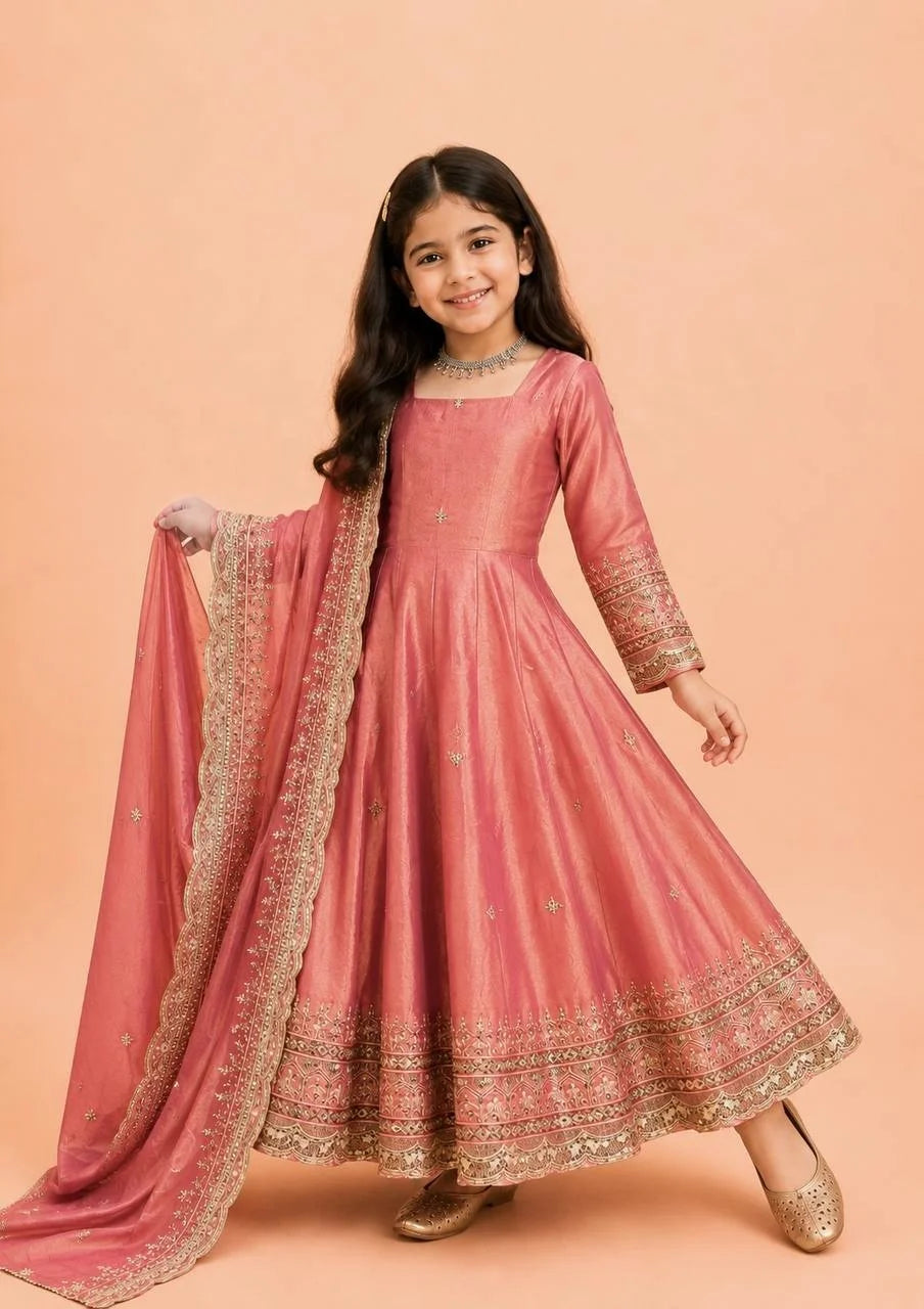 Girls' Embroidered Fendy Silk Anarkali Gown Set FZ-PR-24