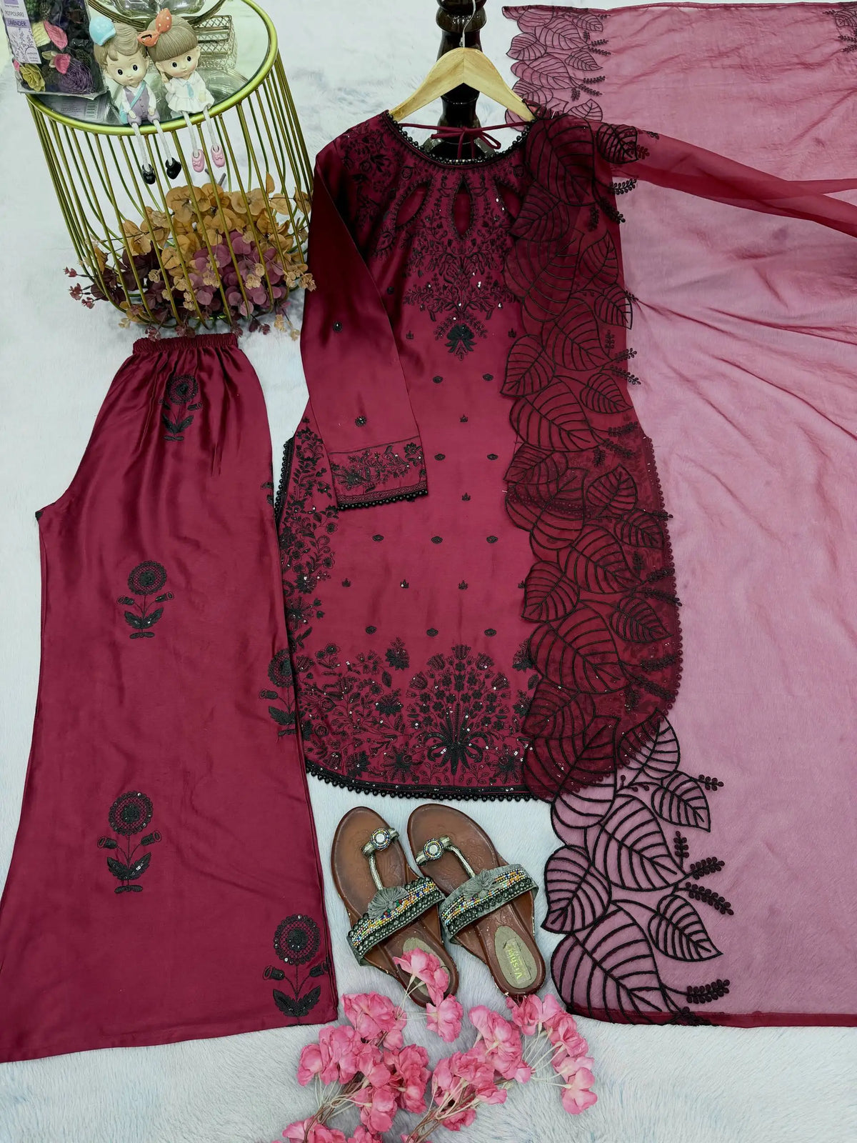 Women's Satin Rayon Embroidered Top Palazzo Set FZ-PR-56
