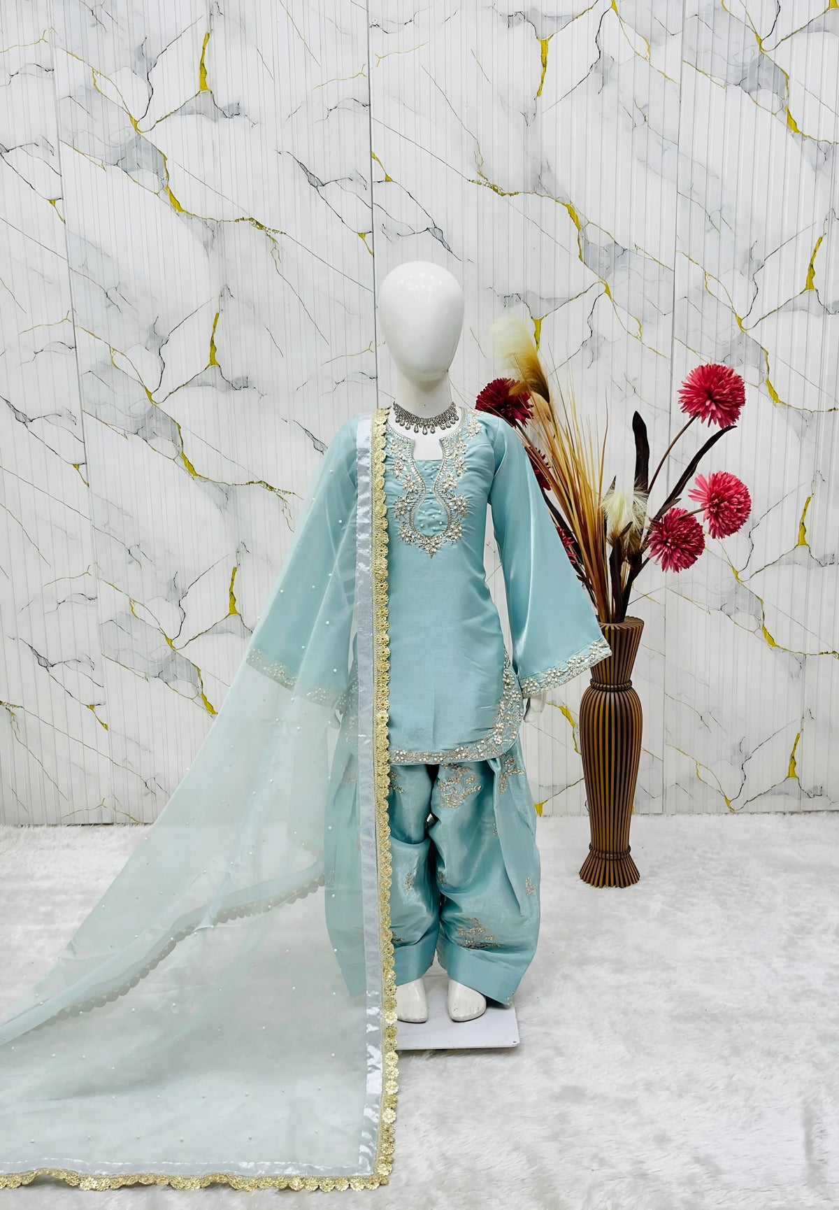 Girls’ Embroidered Roman Glass Silk Palazzo Suit Set FZ-PR-07