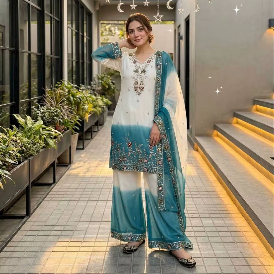 Women's Dual Tone Georgette Embroidered Kurti Palazzo Set FZ-PR-50