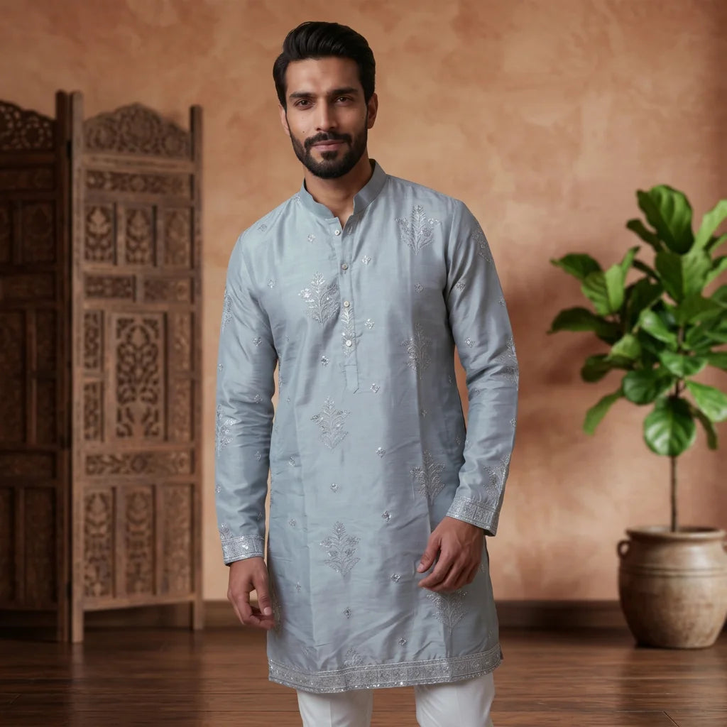 Men's Embroidered Earth Silk Kurta Churidar Set FZ-PR-22
